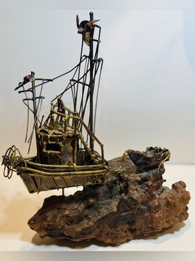 Vintage 1974 Signed Metal Sculpture Boat on Driftwood Base Brutalist Art